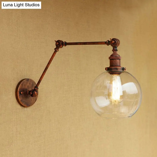 Industrial Bedroom Wall Sconce Lighting Fixture With Clear Glass Globe Shade - Black/Antique