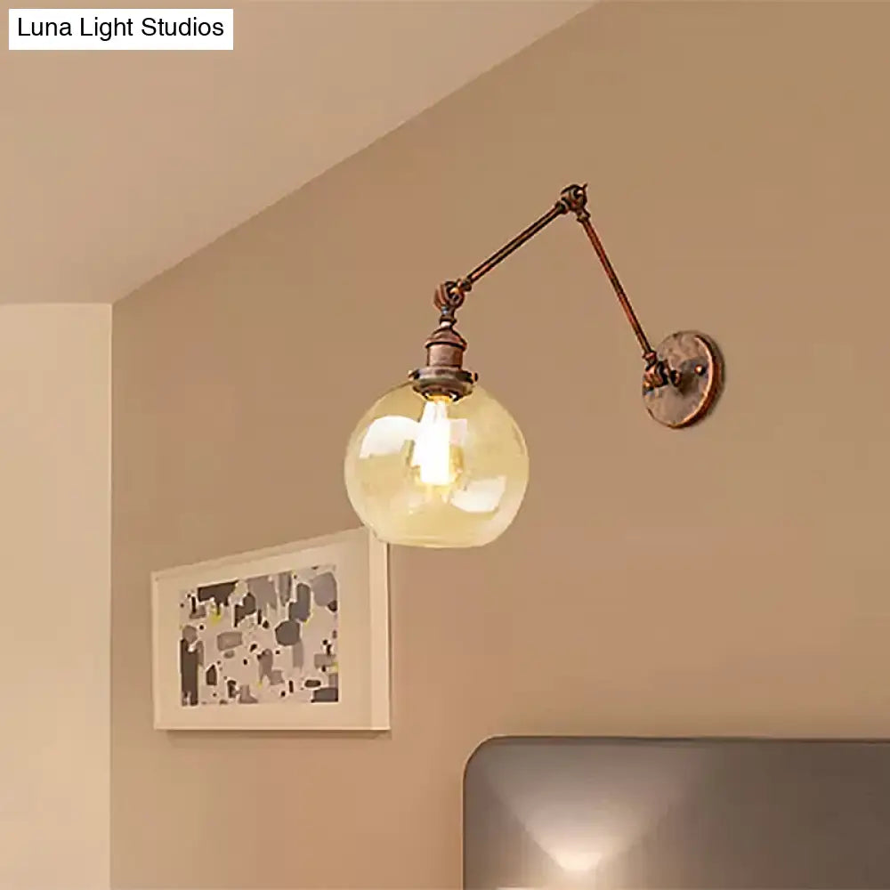 Industrial Bedroom Wall Sconce Lighting Fixture With Clear Glass Globe Shade - Black/Antique