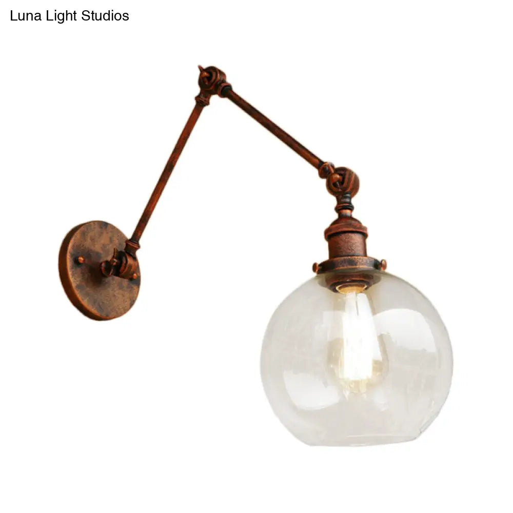Industrial Bedroom Wall Sconce Lighting Fixture With Clear Glass Globe Shade - Black/Antique