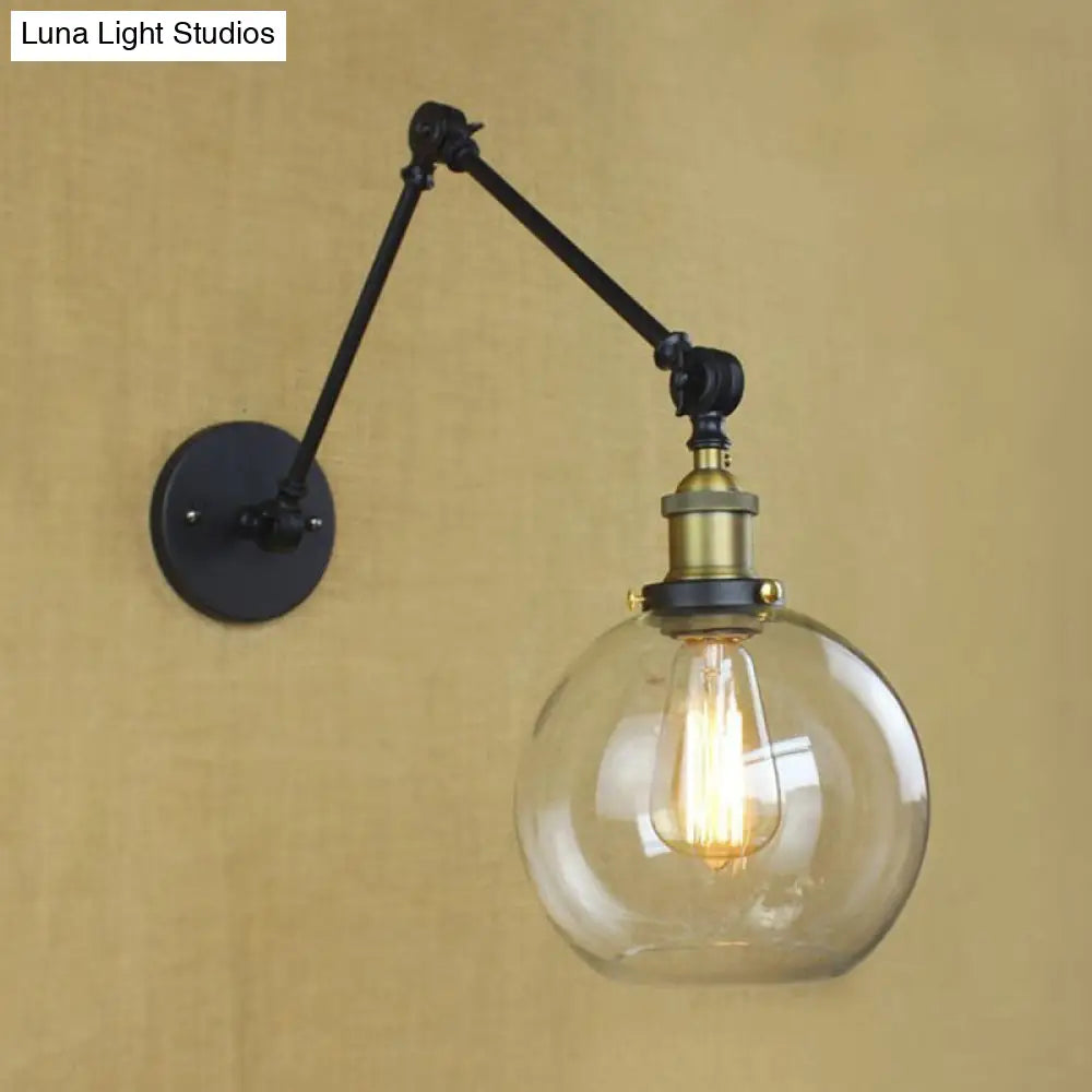 Industrial Bedroom Wall Sconce Lighting Fixture With Clear Glass Globe Shade - Black/Antique
