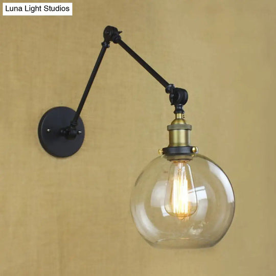 Industrial Bedroom Wall Sconce Lighting Fixture With Clear Glass Globe Shade - Black/Antique