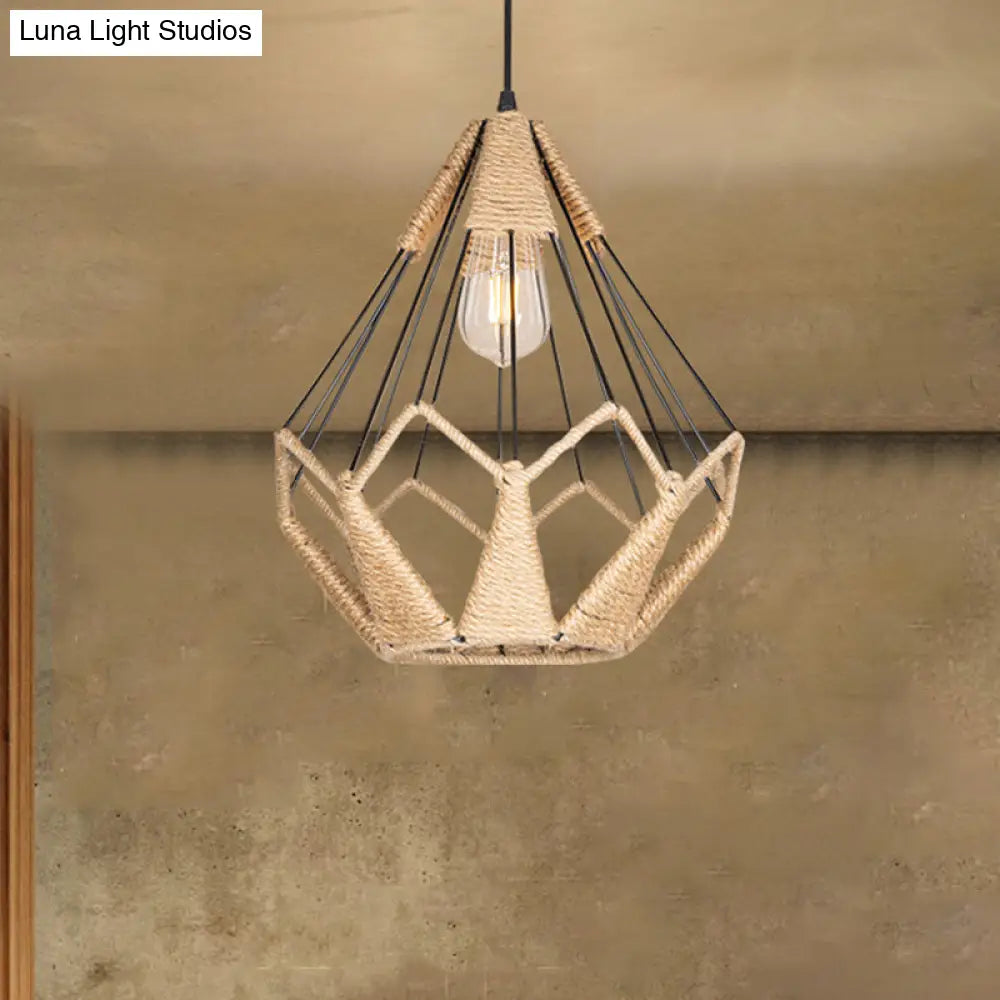 Industrial Beige Rope Pyramid Cage Pendant Light For Coffee Shop
