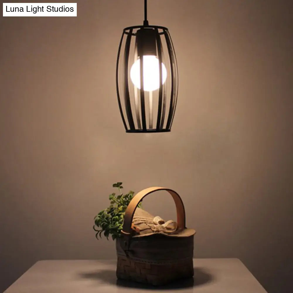 Industrial Bistro Cage Pendant Lamp - Black Barrel Shape Hanging Lighting Suspension Design