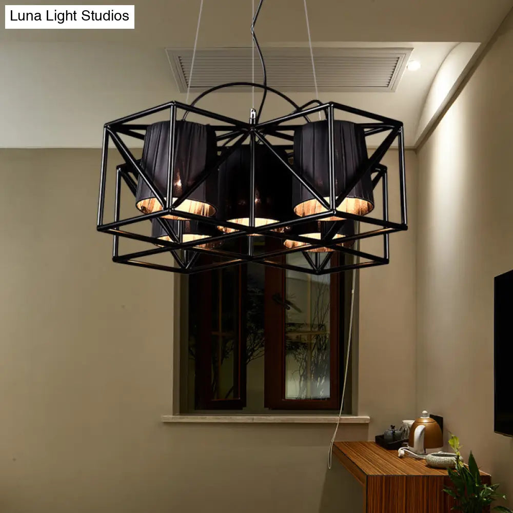 Industrial Black 5-Bulb Fabric Suspension Kitchen Chandelier Light