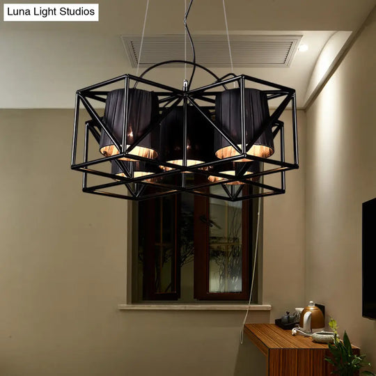 Industrial Black 5-Bulb Fabric Suspension Kitchen Chandelier Light