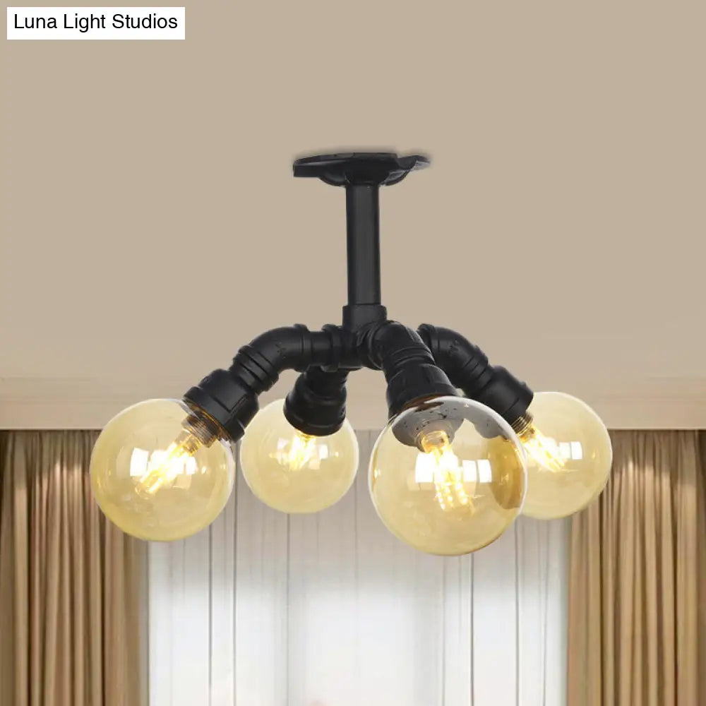 Industrial Black Ball Semi-Flush Ceiling Light - Amber Glass Led Flushmount (4/5/6-Light)