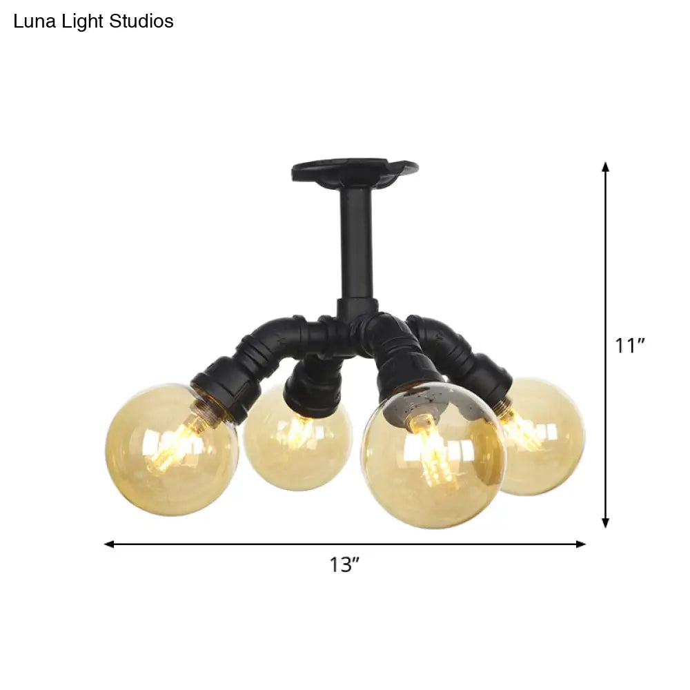 Industrial Black Ball Semi - Flush Ceiling Light - Amber Glass Led Flushmount (4/5/6 - Light)