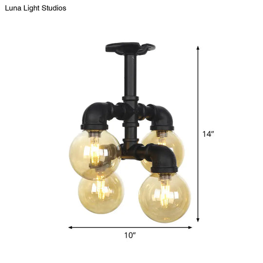 Industrial Black Ball Semi - Flush Ceiling Light - Amber Glass Led Flushmount (4/5/6 - Light)
