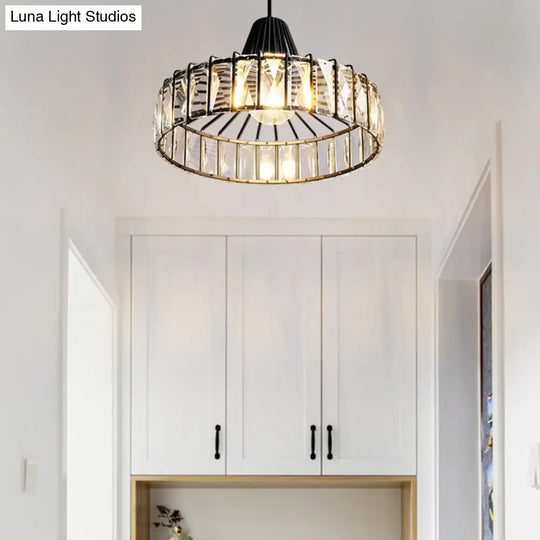 Industrial Black Barn Pendant Light Fixture With Crystal Block - 1-Light Hanging Kit 10/12.5 Wide /