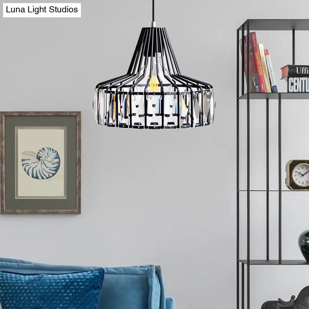 Industrial Black Barn Pendant Light Fixture With Crystal Block - 1-Light Hanging Kit 10/12.5 Wide /