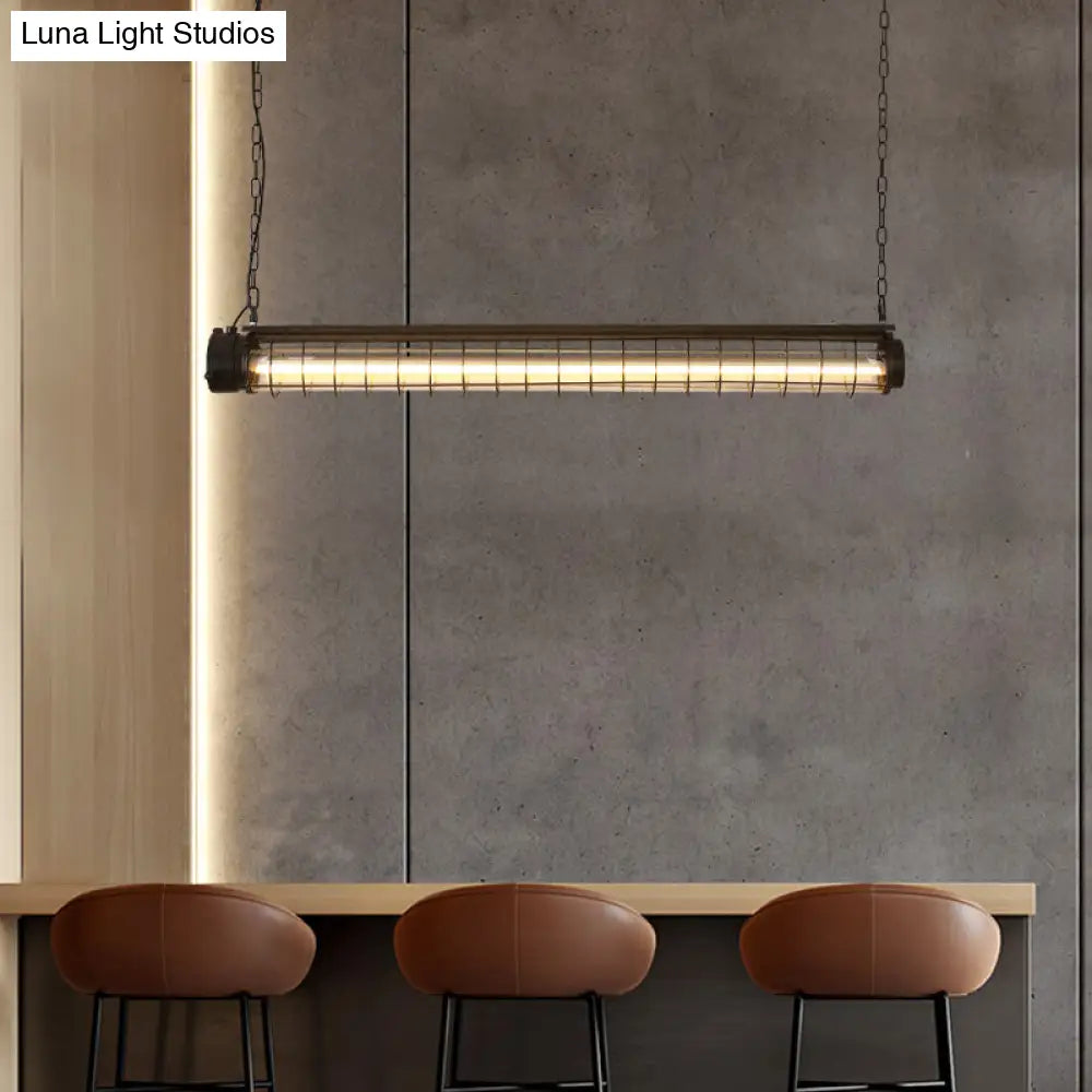 Industrial Black Cage Island Pendant - Tubular Design For Dining Room Ceiling