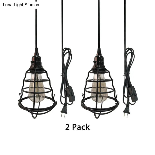 Industrial Metal Cage Pendant Lamp - Bulb Shaped Corridor Light Black Plug-In Cord