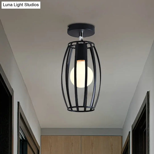 Industrial Black Cage Pendant Light For Corridor Ceiling - Semi Flush Globe/Oval Shape With Iron