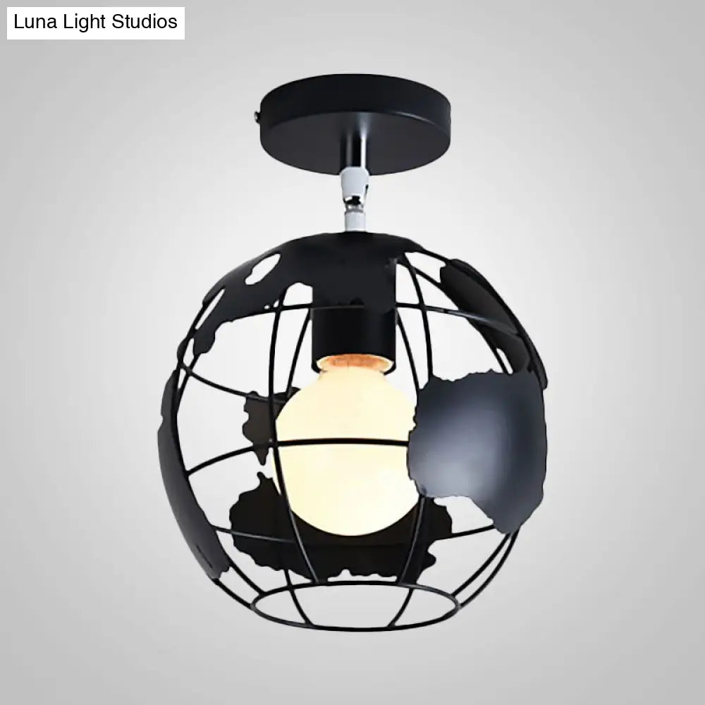 Industrial Black Cage Pendant Light For Corridor Ceiling - Semi Flush Globe/Oval Shape With Iron