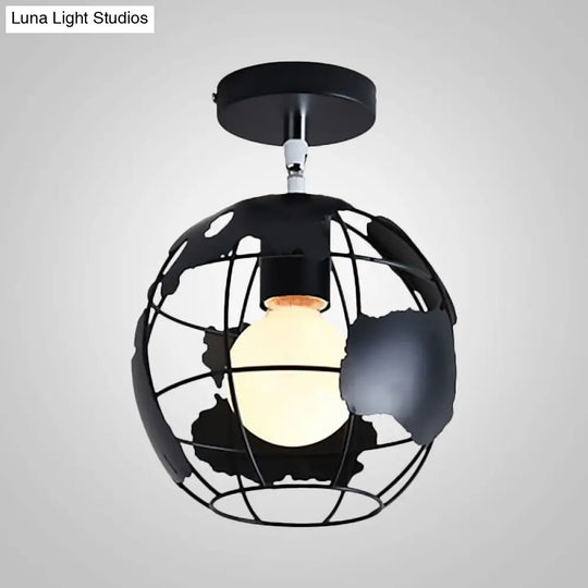 Industrial Black Cage Pendant Light For Corridor Ceiling - Semi Flush Globe/Oval Shape With Iron