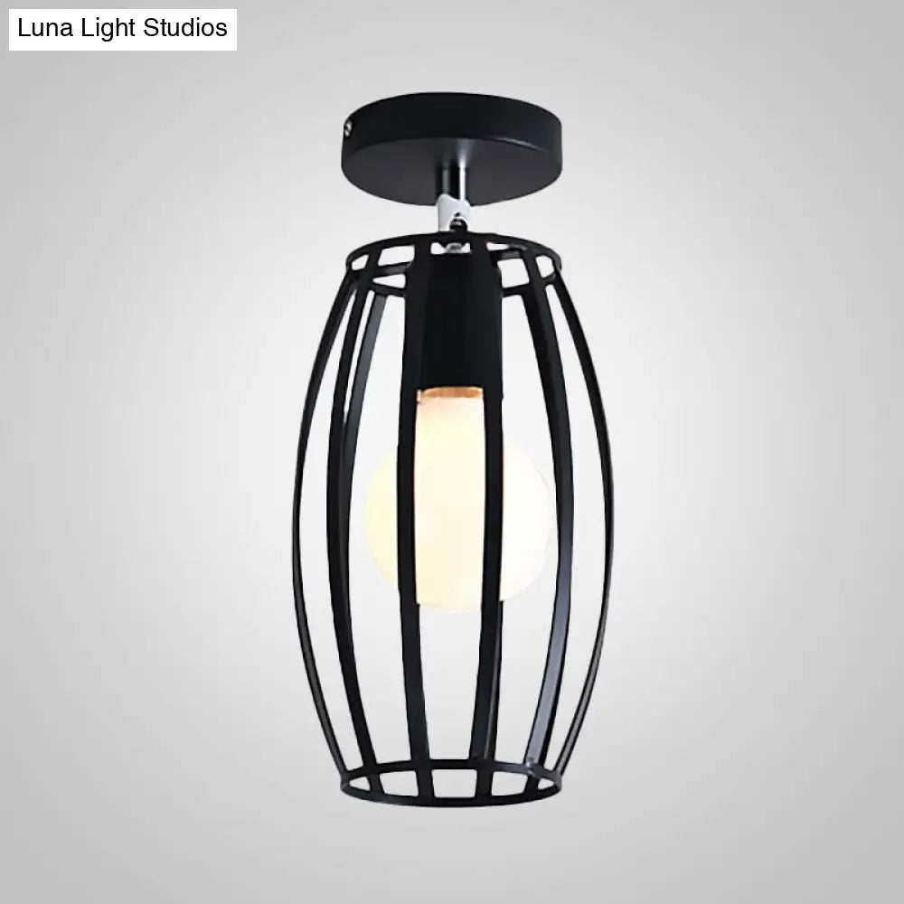 Industrial Black Cage Pendant Light For Corridor Ceiling - Semi Flush Globe/Oval Shape With Iron