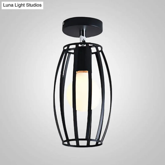 Industrial Black Cage Pendant Light For Corridor Ceiling - Semi Flush Globe/Oval Shape With Iron