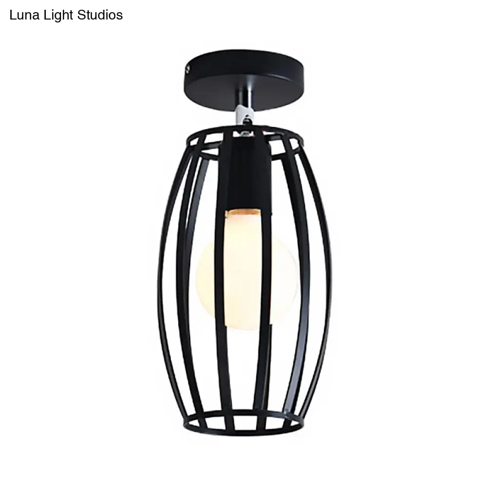 Industrial Black Cage Pendant Light For Corridor Ceiling - Semi Flush Globe/Oval Shape With Iron