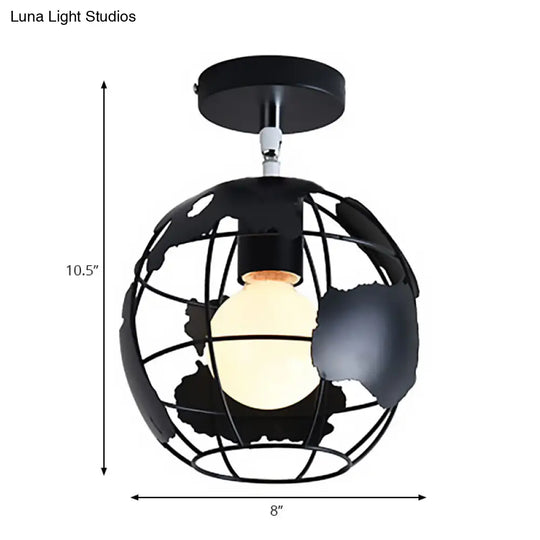 Industrial Black Cage Pendant Light For Corridor Ceiling - Semi Flush Globe/Oval Shape With Iron