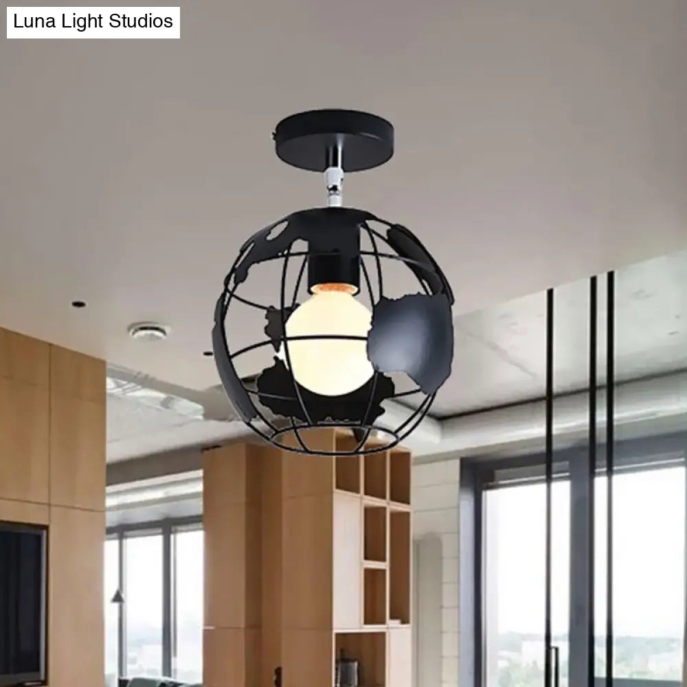 Industrial Black Cage Pendant Light For Corridor Ceiling - Semi Flush Globe/Oval Shape With Iron