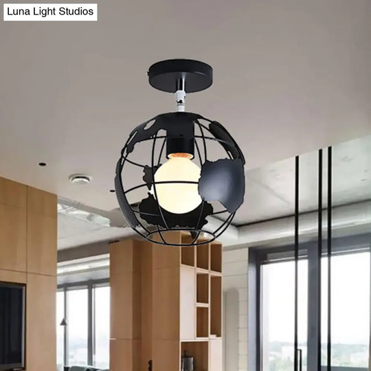 Industrial Black Cage Pendant Light For Corridor Ceiling - Semi Flush Globe/Oval Shape With Iron