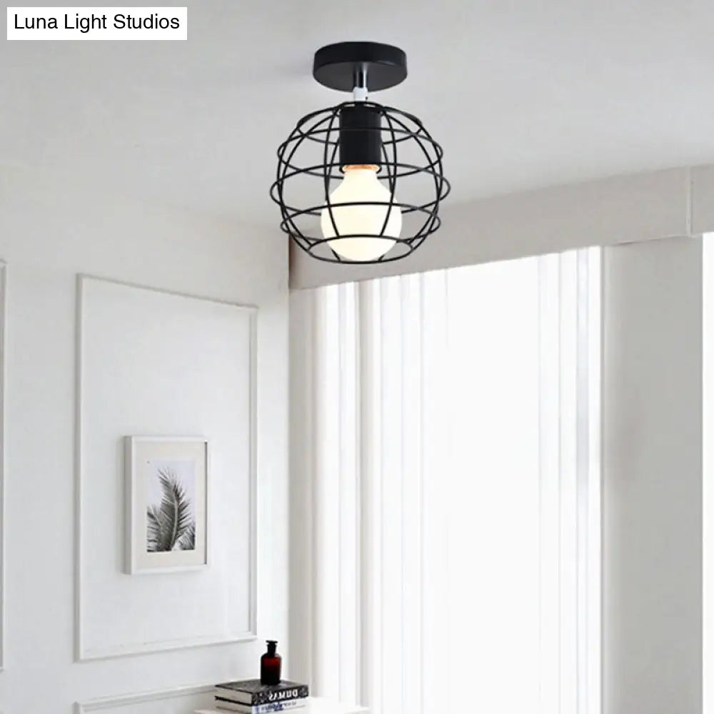 Industrial Black Cage Pendant Light For Corridor Ceiling - Semi Flush Globe/Oval Shape With Iron