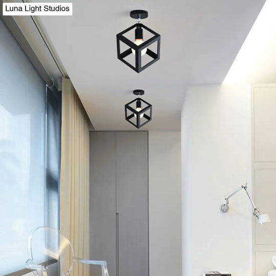 Industrial Black Cage Pendant Light For Corridor Ceiling - Semi Flush Globe/Oval Shape With Iron