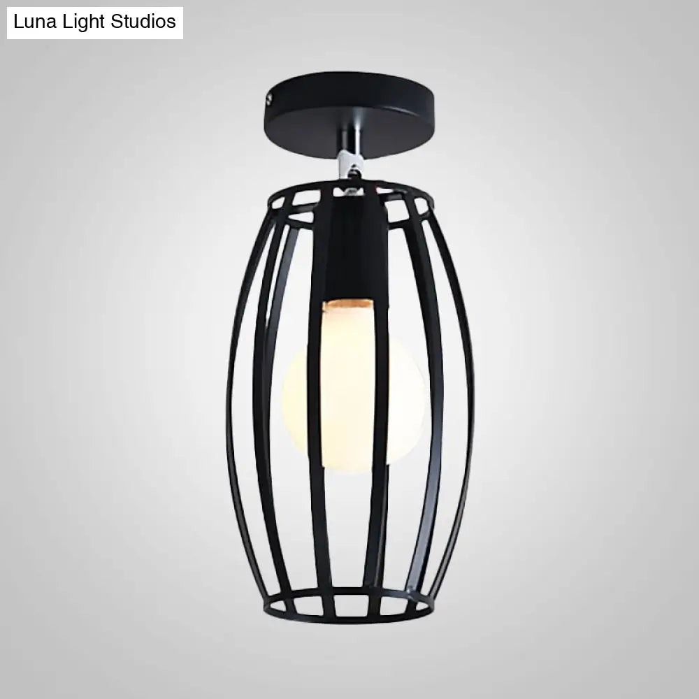 Industrial Black Cage Pendant Light For Corridor Ceiling - Semi Flush Globe/Oval Shape With Iron