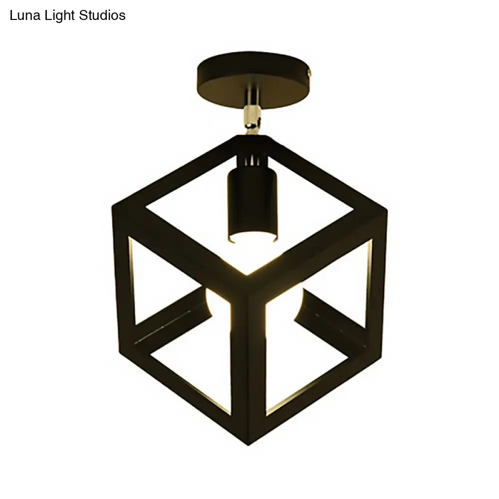 Industrial Black Cage Pendant Light For Corridor Ceiling - Semi Flush Globe/Oval Shape With Iron