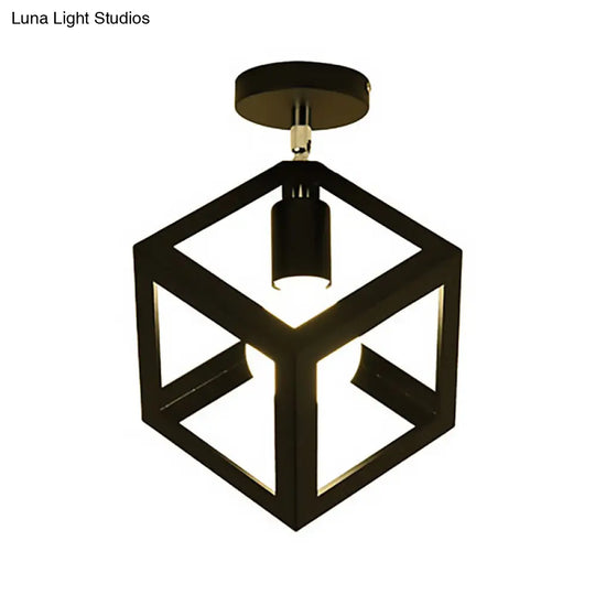 Industrial Black Cage Pendant Light For Corridor Ceiling - Semi Flush Globe/Oval Shape With Iron