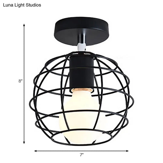 Industrial Black Cage Pendant Light For Corridor Ceiling - Semi Flush Globe/Oval Shape With Iron