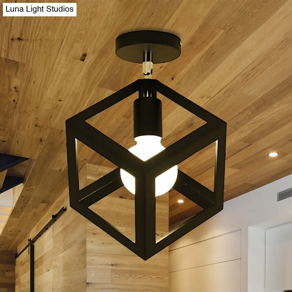 Industrial Black Cage Pendant Light For Corridor Ceiling - Semi Flush Globe/Oval Shape With Iron