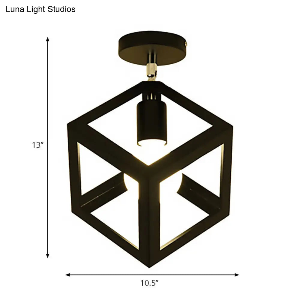 Industrial Black Cage Pendant Light For Corridor Ceiling - Semi Flush Globe/Oval Shape With Iron