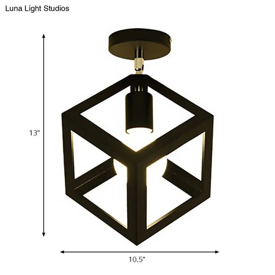 Industrial Black Cage Pendant Light For Corridor Ceiling - Semi Flush Globe/Oval Shape With Iron