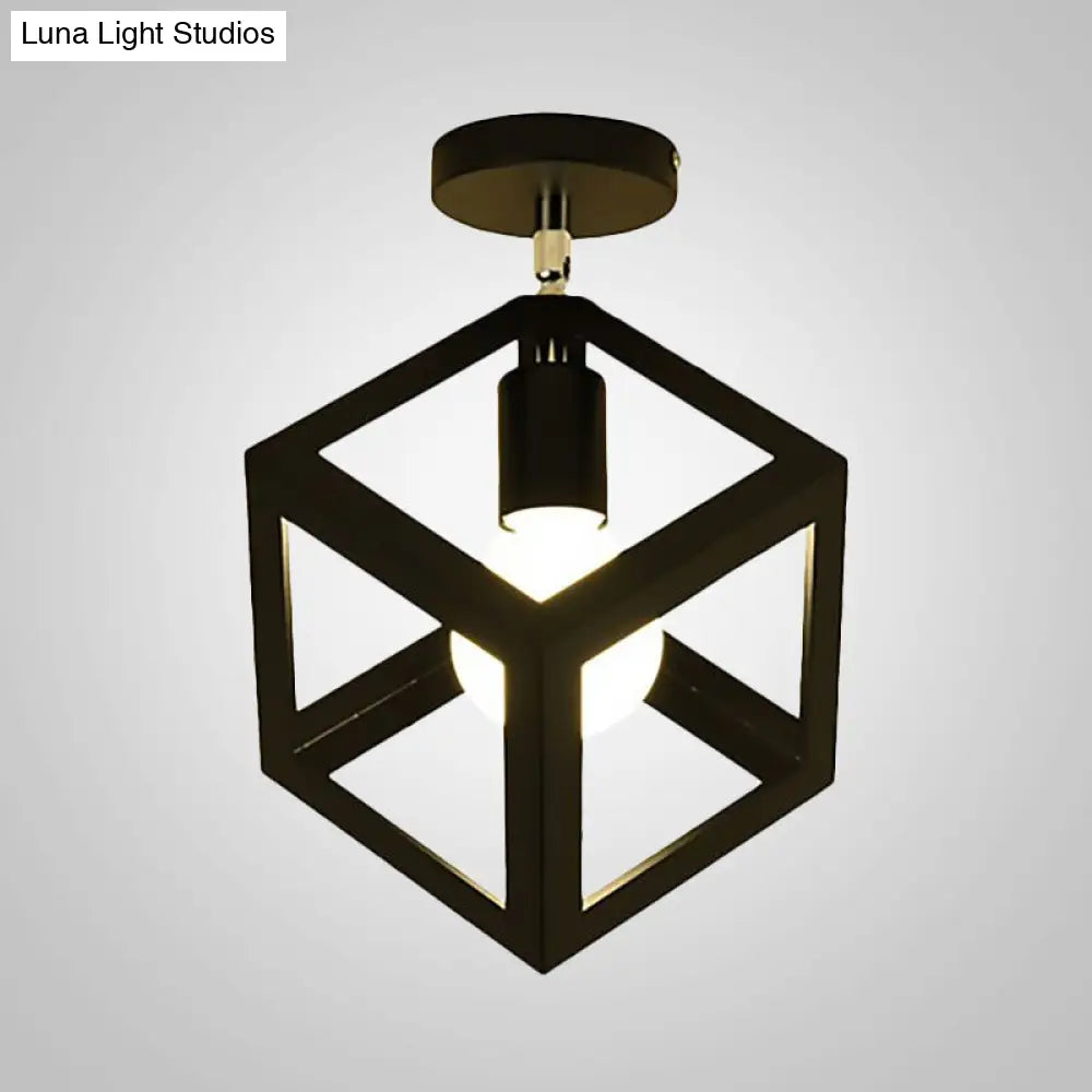 Industrial Black Cage Pendant Light For Corridor Ceiling - Semi Flush Globe/Oval Shape With Iron