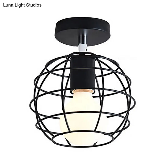 Industrial Black Cage Pendant Light For Corridor Ceiling - Semi Flush Globe/Oval Shape With Iron