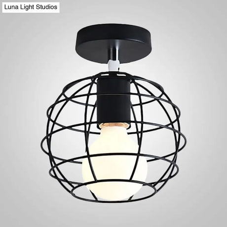 Industrial Black Cage Pendant Light For Corridor Ceiling - Semi Flush Globe/Oval Shape With Iron