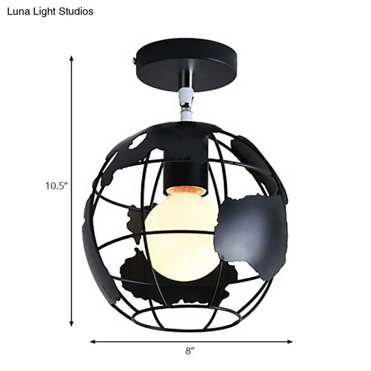 Industrial Black Cage Pendant Light For Corridor Ceiling - Semi Flush Globe/Oval Shape With Iron
