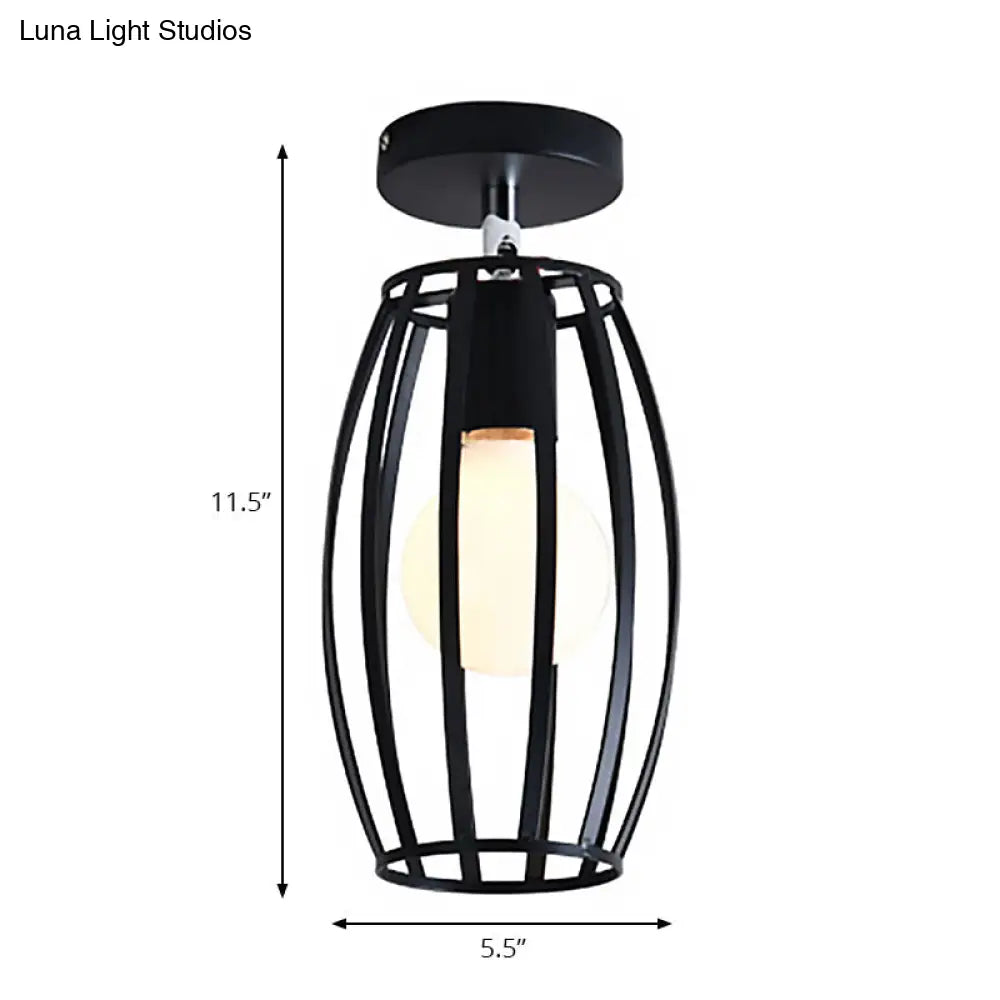 Industrial Black Cage Pendant Light For Corridor Ceiling - Semi Flush Globe/Oval Shape With Iron