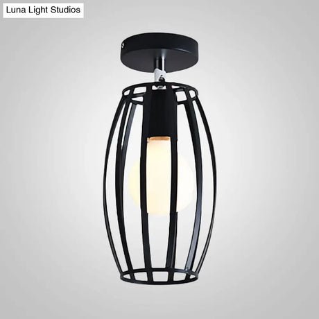 Industrial Black Cage Pendant Light For Corridor Ceiling - Semi Flush Globe/Oval Shape With Iron