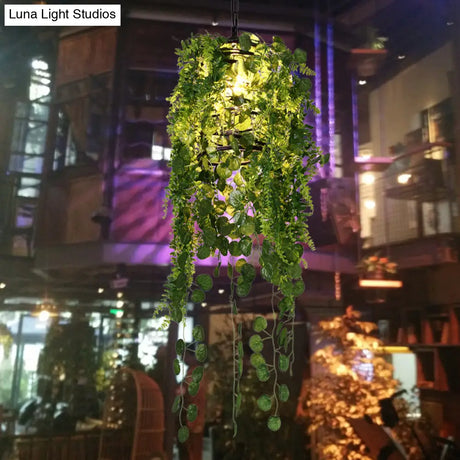 Industrial Black Cage Pendant Light With Led And Plant