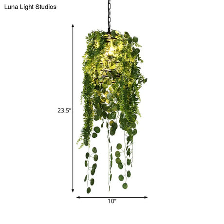 Industrial Black Cage Pendant Light With Led And Plant