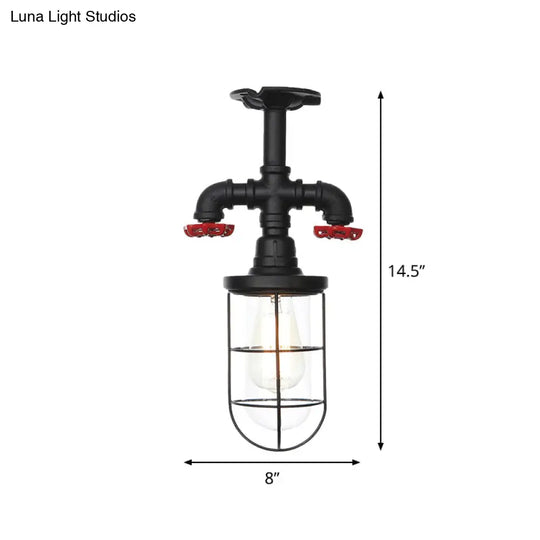 Industrial Black Cage Semi Flush Mount Ceiling Fixture With Clear Glass Valve Decor For Balcony