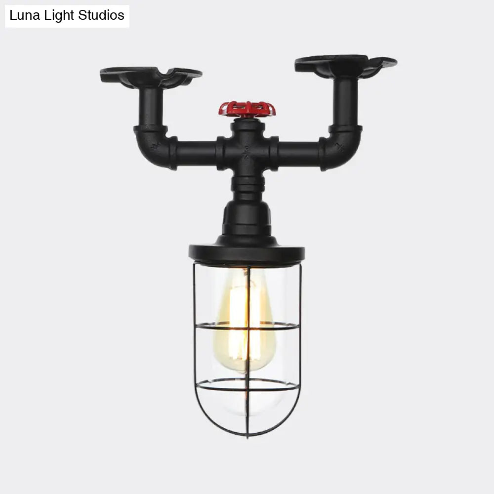 Industrial Black Cage Semi Flush Mount Ceiling Fixture With Clear Glass Valve Decor For Balcony