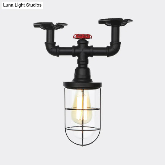 Industrial Black Cage Semi Flush Mount Ceiling Fixture With Clear Glass Valve Decor For Balcony