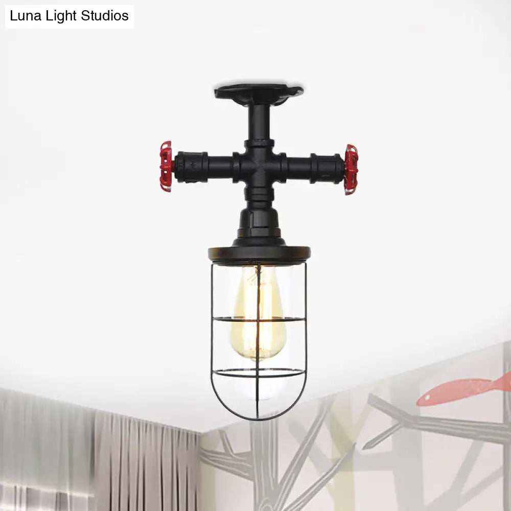 Industrial Black Cage Semi Flush Mount Ceiling Fixture With Clear Glass Valve Decor For Balcony
