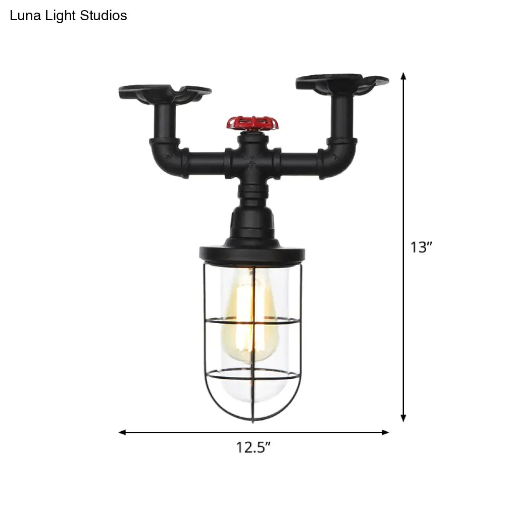 Industrial Black Cage Semi Flush Mount Ceiling Fixture With Clear Glass Valve Decor For Balcony