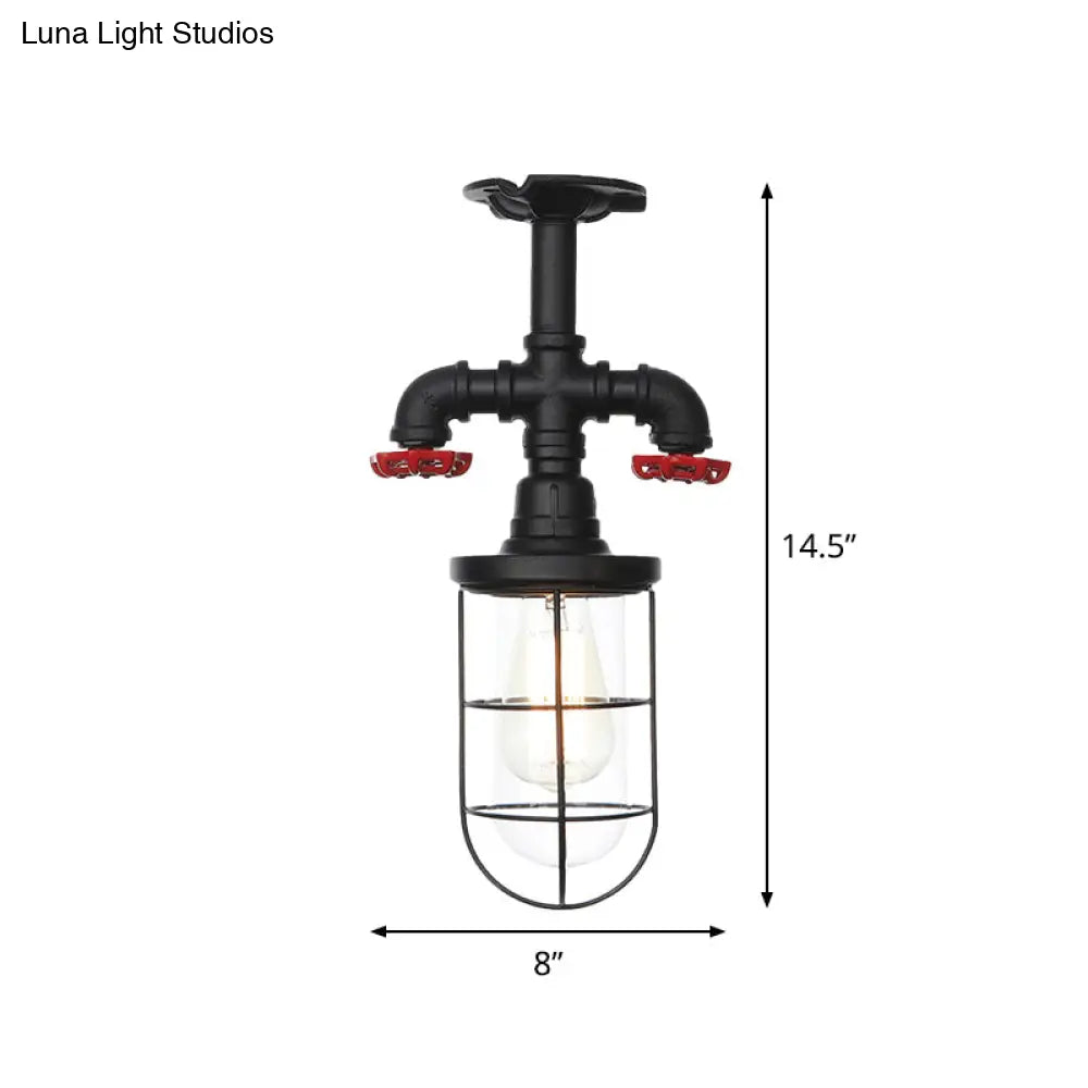 Industrial Black Cage Semi Flush Mount Ceiling Fixture With Clear Glass Valve Decor For Balcony