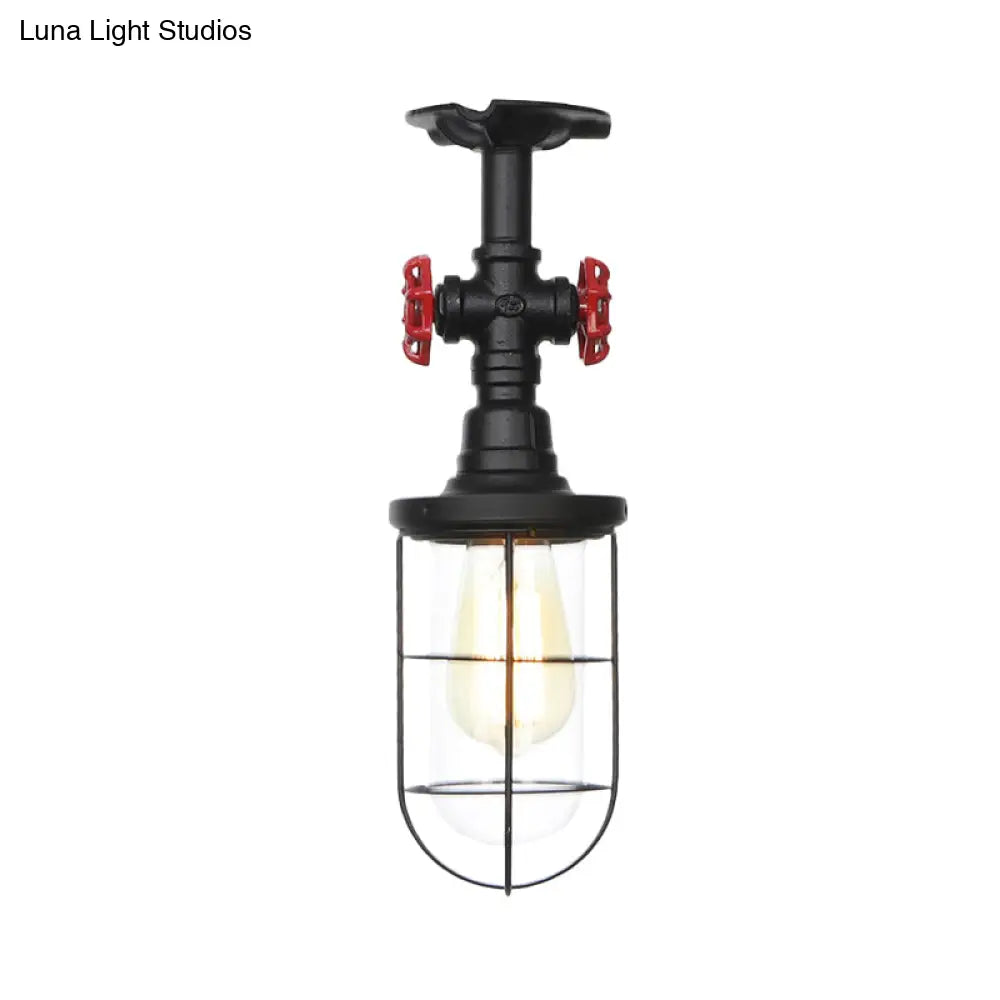 Industrial Black Cage Semi Flush Mount Ceiling Fixture With Clear Glass Valve Decor For Balcony
