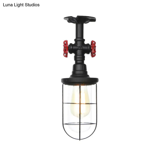 Industrial Black Cage Semi Flush Mount Ceiling Fixture With Clear Glass Valve Decor For Balcony